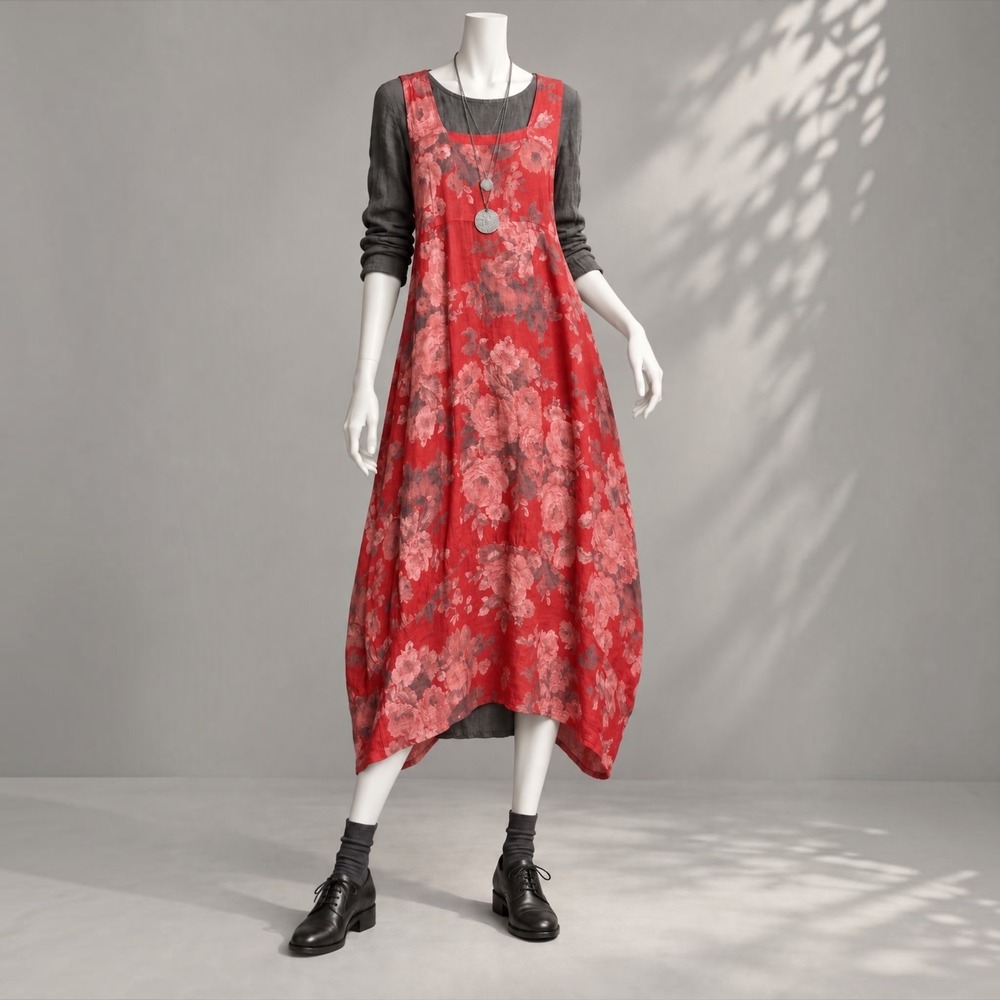 Colorine Paris Linen Dress L Red Floral Lagenlook Art Wear Boho Tulip Hem Italy
